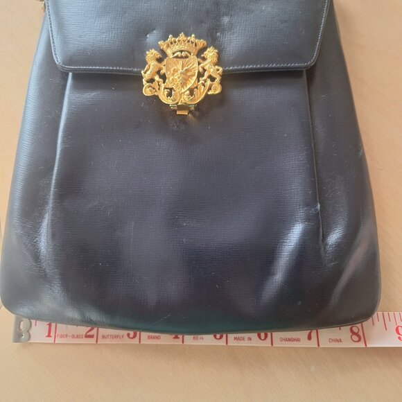 Fabulous Vintage Black Leather Prestige Crest Hand Bag Gold Vrest Clasp 1960s - Picture 1 of 10